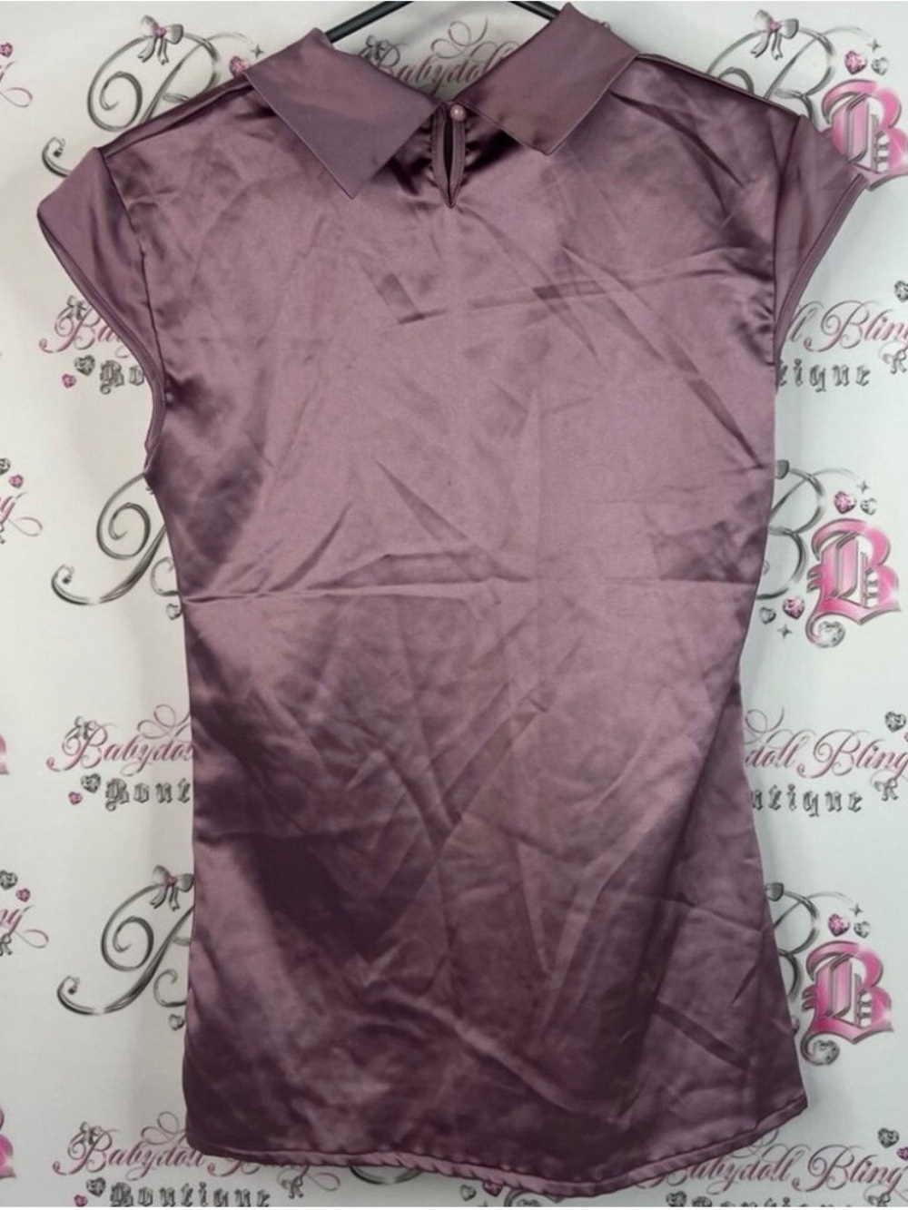 Tailor Vintage Mauve Satin Bow Neck Cap-Sleeve Top View 2